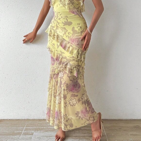 Yellow Boho Women's Beach Vacation Floral Print Ruffled Cami Dress Maxi - Picture 6 of 7